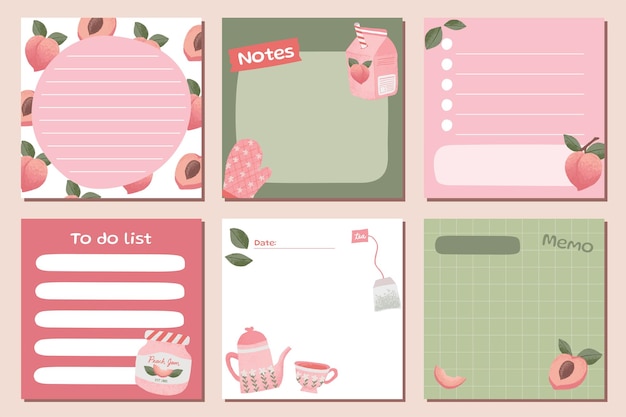 Set of memo peach illustration stationery for notes, tasks, to-do list, organizer, and planner