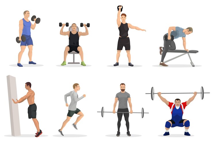 Vector set of men characters in gym doing dumbbell press exercises and workouts weight training collection of male bodybuilding lifestyle athlete doing barbell overhead press exercise vector illustration