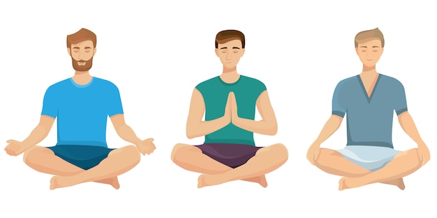Set of men doing yoga. Female characters in lotus position.
