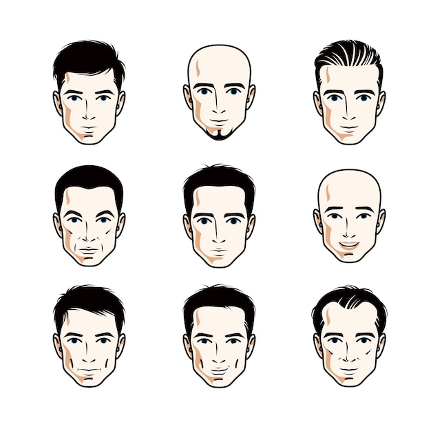 男性の顔、人間の頭のセット。ひげ、ひげを生やした、ハンサムな男性と、黒髪、禿げているようなさまざまなベクトル文字。