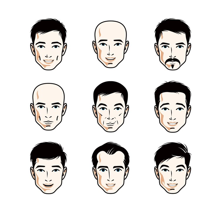 Vector 남자 얼굴, 인간의 머리 세트입니다. 브루넷, 대머리, 수염 또는 수염이 있는 잘생긴 남성과 같은 다양한 벡터 캐릭터.