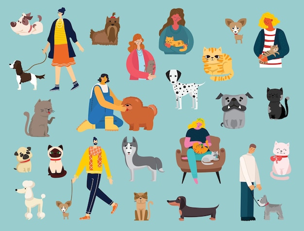 Set  of  men and girls with a cute cats and dogs