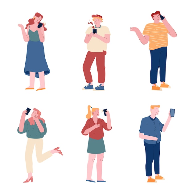 Set of men and women holding mobile phones