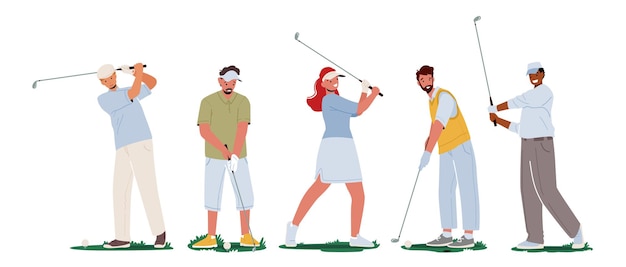 흰색 배경에 고립 된 코스에서 골프 클럽을 손에 들고 스포츠 유니폼을 입은 남성과 여성의 집합입니다. 여름 시간 레저, 스포츠 훈련 또는 경쟁. 만화 사람들 벡터 일러스트 레이 션.