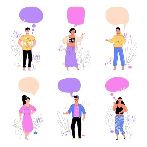 Set mensen karakters met dialoog bubbels schets vectorillustratie geïsoleerd