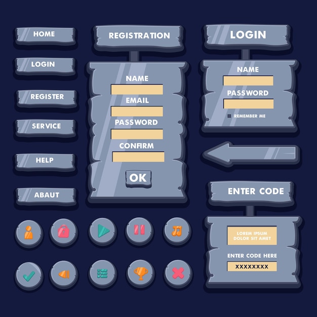 Set di elementi di gioco del pulsante del menu