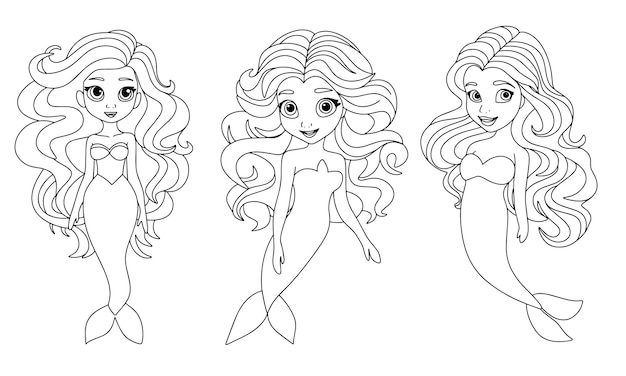 Set of mermaids in doodle style Hand drawn mermaid outline Collection of mermaid icons set Vector