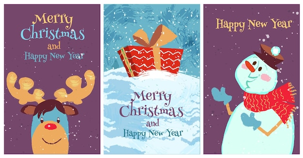Set merry christmas card met kerst rendieren sneeuwpop en geschenkdoos
