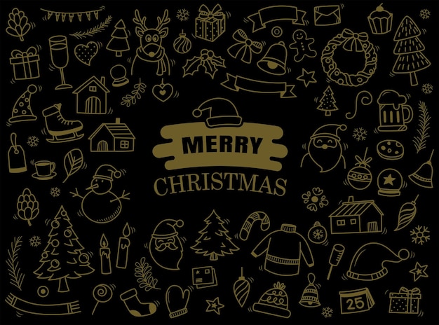 Set of merry christmas element and symbol in doodle style