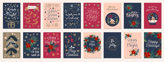 Set of Merry Christmas and Happy Holidays vintage hand drawn greeting cards, gift tags, postcards, posters. Calligraphic typography artwork illustration