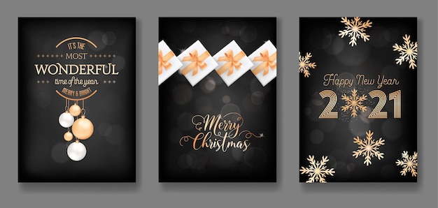 Set of merry christmas and happy new year 2021 greeting cards with gold xmas decoration, balls, gifts, glitter and snowflakes on black background, postcard or cover elegant design. vector illustration