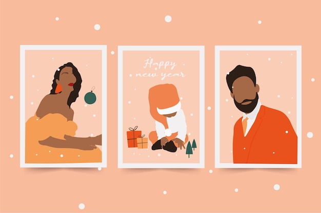 Vettore set di buon natale e felice anno nuovo disegnato a mano colorato astratto famiglia in stile moderno