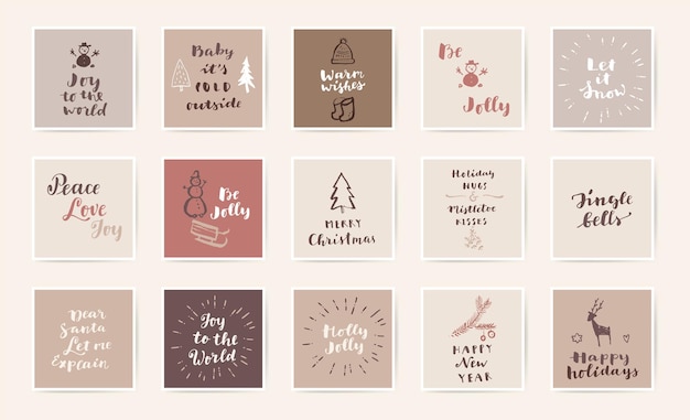 Set of Merry Christmas and Happy New Year hand colorful drawn Mid Century Modern style vintage calligraphic cards with hand lettering. EPS10 vector illustration