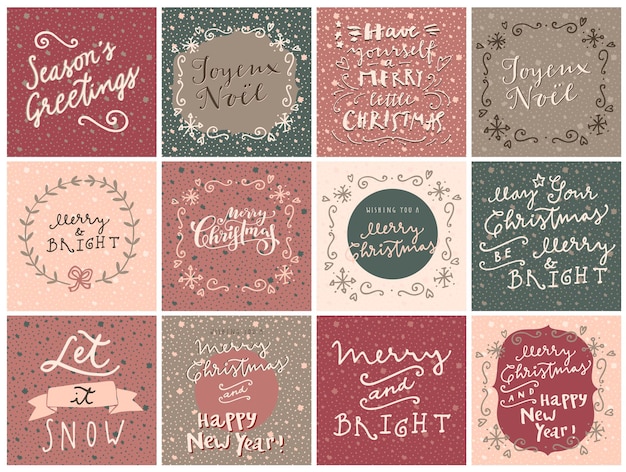 Set of merry christmas and happy new year hand drawn greeting cards in vector