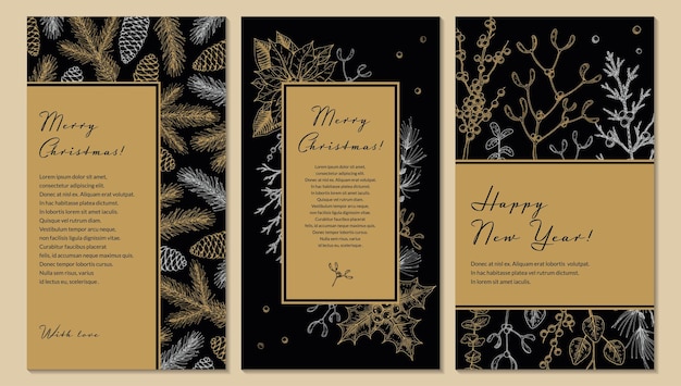 Set of Merry Christmas and Happy New Year vertical greeting cards