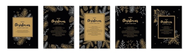 Set of Merry Christmas and Happy New Year vertical invitation templates and greeting cards