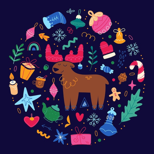 Set merry christmas holiday elements happy new year collection cute illustration round composition