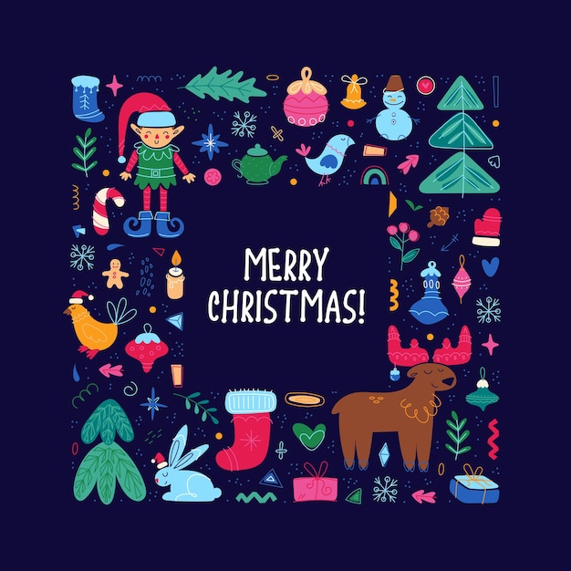 Set of merry christmas holiday elements, happy new year collection, cute illustration. vector art
