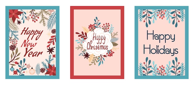 Vector set of merry christmas and new year cards with colorful wreath mistletoe of design of winter plants