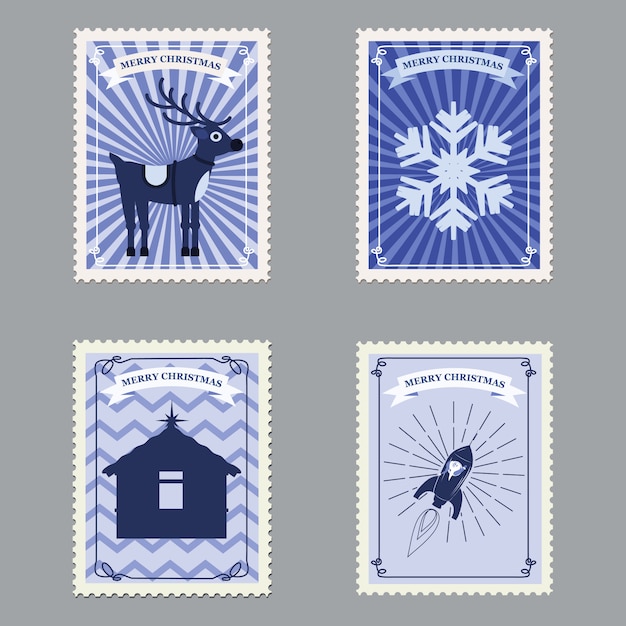 Vector set merry christmas retro postage stamps with rocket, deer and snowflakes