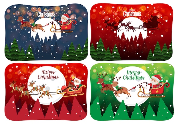 Vector set of merry christmas scene with santa claus in snow