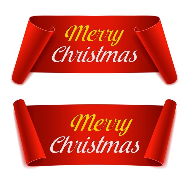 Vector set merry christmas scroll paper banners. red paper ribbon on white background. realistic label.