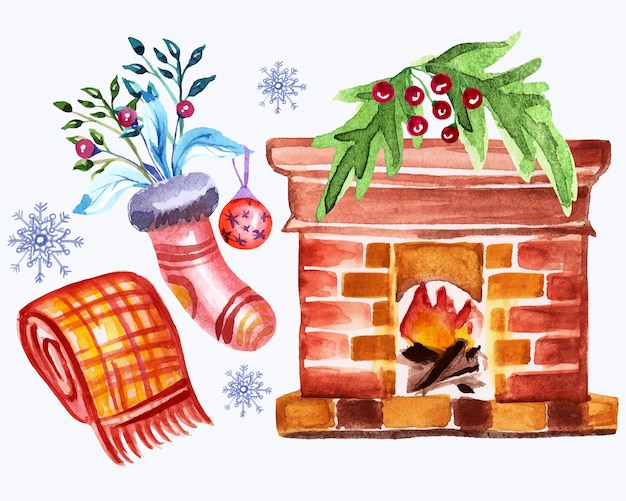 Set of Merry Christmas watercolor with New Year elements.