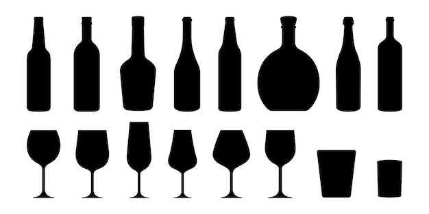 Set met alcoholflessen en glazen vector iconen. Zwart silhouet met wijn, cognac, champagne.