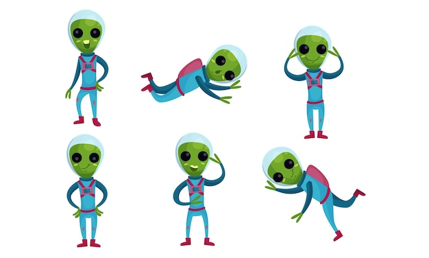 Vector set met aliens in ruimtetuigen in verschillende poses grappige groene humanoïden in verschillende komische posities vector illustratie cartoon personage geïsoleerd op witte achtergrond