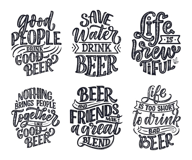 Vector set met belettering citaten over bier in vintage stijl.