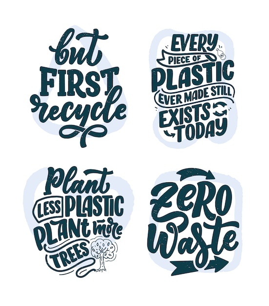 Set met belettering slogans over afvalrecycling.