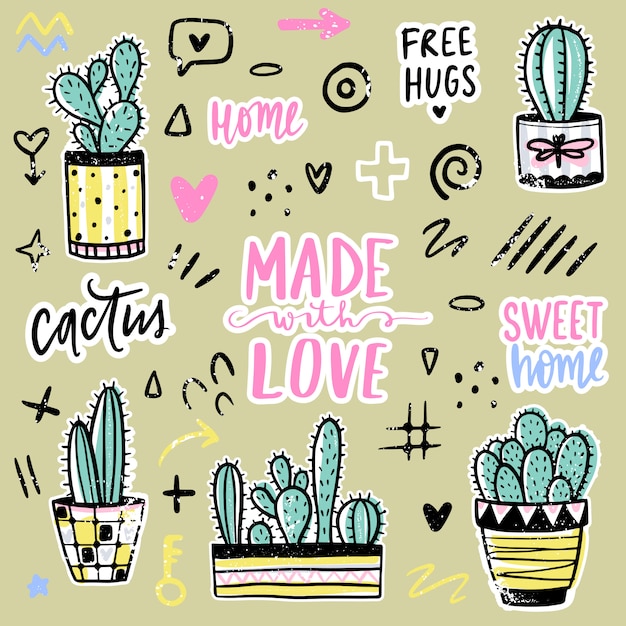 set met cactussen, positieve zinnen, elementen. Schattig vector cactus.