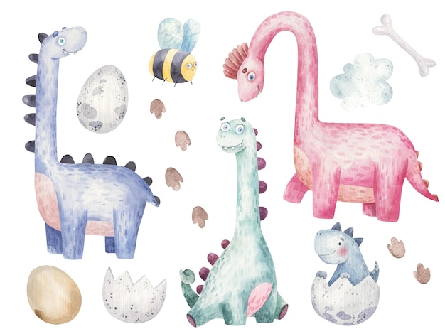 Set met dinosaurussen met lange nek, schattige aquarel kinderillustratie