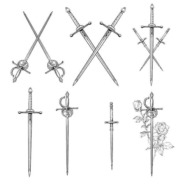 Set met een dolk rapier en zwaard Vector illustratie geïsoleerd Tattoo ontwerp muziek occult symbool