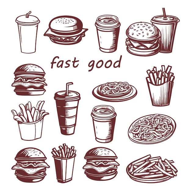 Set met fastfood illustratie schets