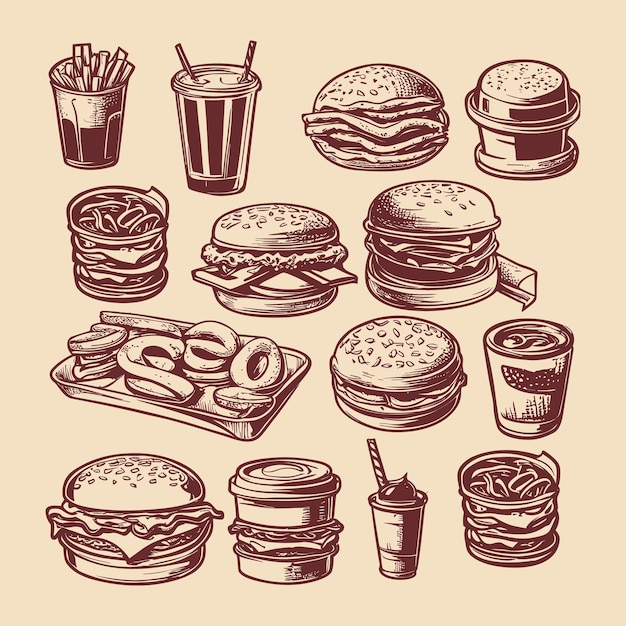 Set met fastfood illustratie schets