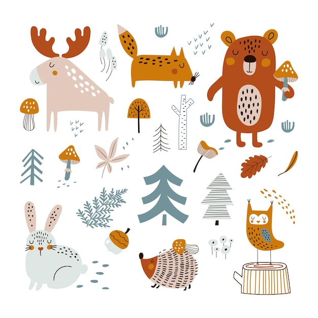 Set met hand getrokken wilde dieren in het bos Vector illustraties