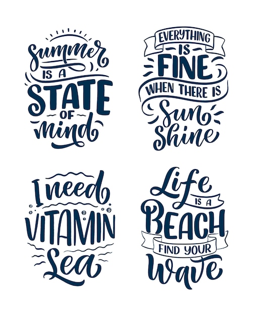 Set met handgetekende belettering composities over de zomer. grappige seizoenslogans. geïsoleerde kalligrafie citaten.