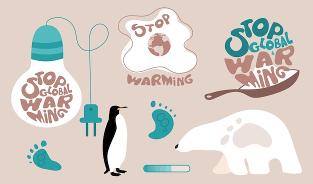 Set met ijsbeer pinguïn voetafdruk gloeilamp belettering stop global warming de gletsjer smelt klimaatverandering wereldwijd probleem met grote co2-uitstoot vector illustratie koolstofvoetafdruk