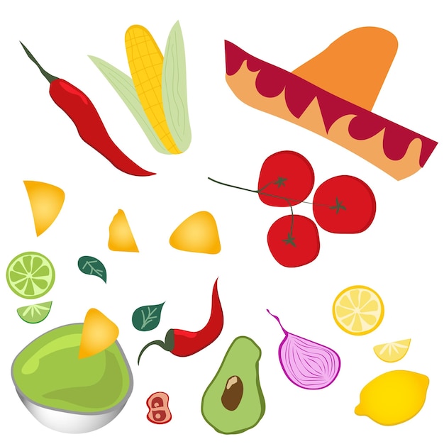 Set met ingrediënten van de Mexicaanse keuken op witte achtergrond Voedselbereiding Cartoon vectorillustratie