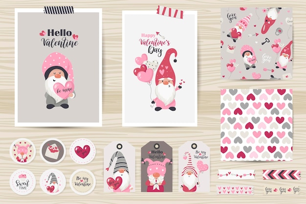 Set met kaarten, notities, stickers, etiketten, stempels, tags met illustraties voor valentijnsdag