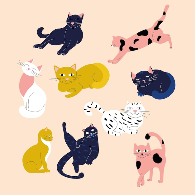 Set met katten van verschillende rassen en kleuren. Vector illustratie.