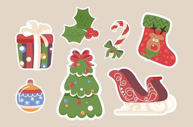 Set met kerstfeesten decoratie sticker voor wintervakanties vector illustratie Abstract xmas icoon met sparren boom geschenk snoep stok kerstman slee kousen mistletoe bauble bal