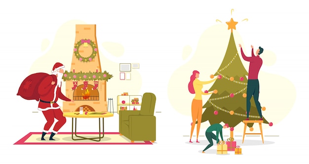 Set met kerstman en gelukkige familie