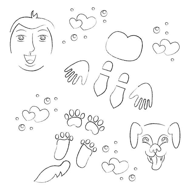 Set met mens en hond voetafdrukken menselijk gezicht hond snuit Doodle zwart-wit vectorillustratie
