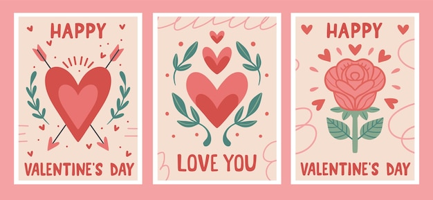 Set met met de hand getekende groetekaartjes voor Valentijnsdag met romantische illustraties