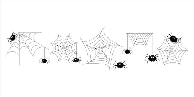 Set met met de hand getekende spinnenwebben en spinnen Halloween Fanny Spider