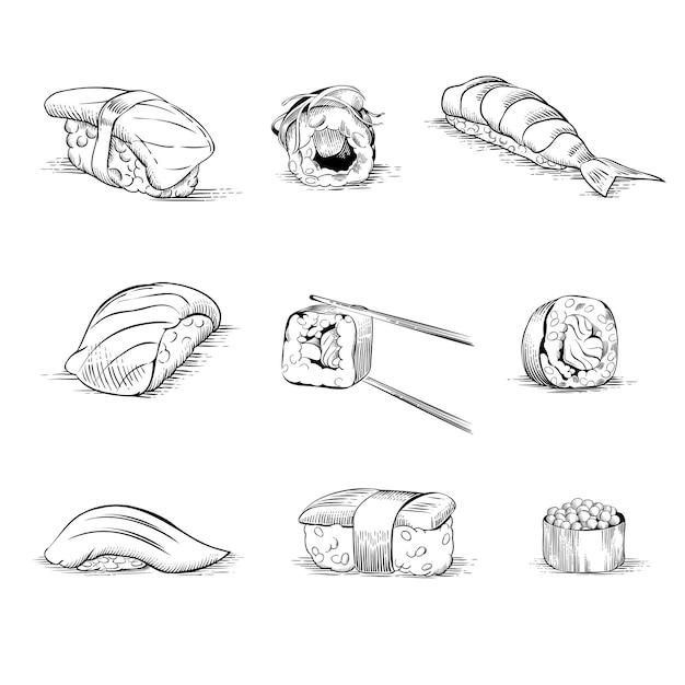 Vector set met met de hand getekende sushi en rolletjes vectorillustratie in lijnkunststijl