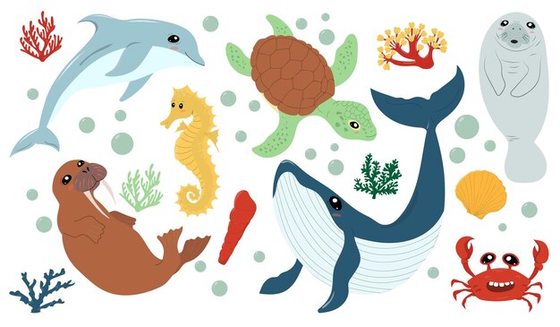 Vector set met met de hand getekende zeedieren