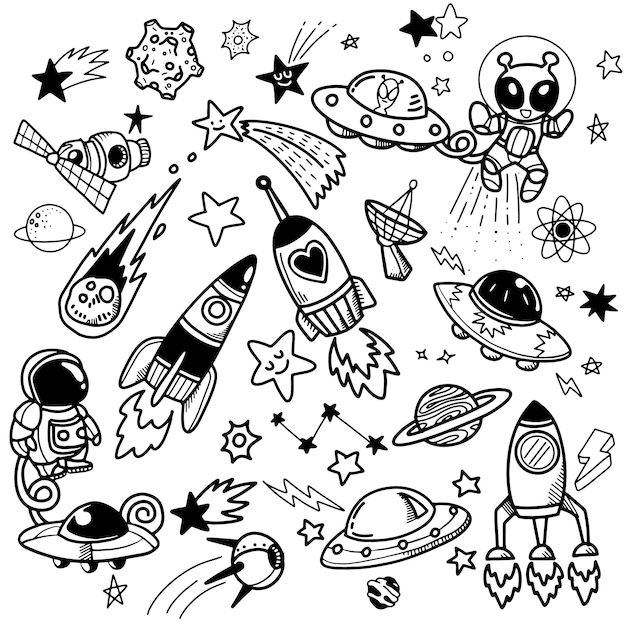 Set met ruimteschepen, planeten en sterren spacedoodle-stijl geïsoleerd